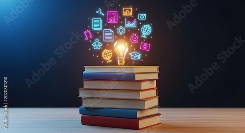 Stack of books with glowing icons representing knowledge and innovation