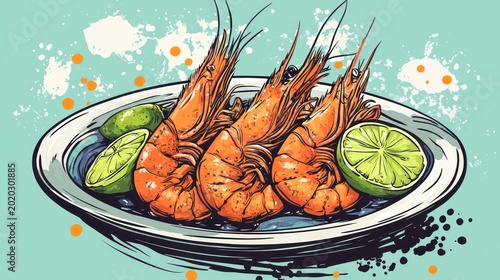 Grilled Shrimp with Lime, Artistic Illustration