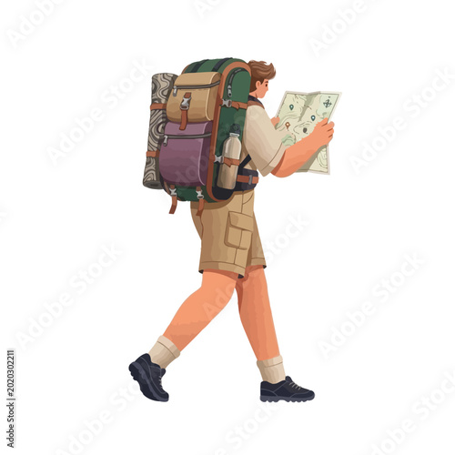 Billede på lærred Man walking with large backpack consulting map on route journey