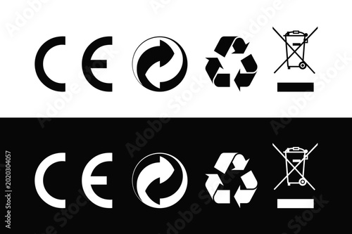 Foto CE Mark, Recycling Symbol, Green Dot Symbol and WEEE Symbol (Wheelie Bin) vector