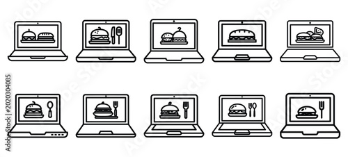 Photos Black line art laptop food ordering vector illustration icons