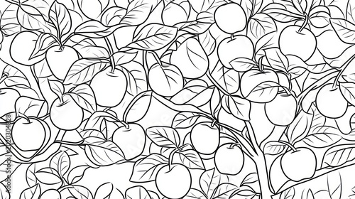 Detailed fruit tree illustration, nature-themed design for coloring book