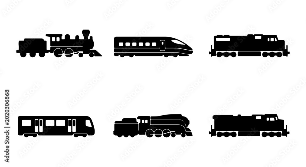 Φωτογραφία Diverse Train Silhouettes Collection, Vintage Steam Engine, Modern Bullet Train,