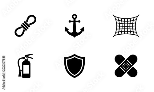 6 Nautical Safety silhouette icons anchor rope fire extinguisher shield, solid black style, maritime equipment