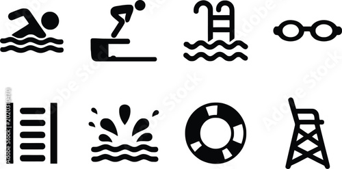 Set of eight swimming and water safety icons with different activities and symbols Vector