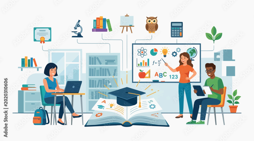 Naklejka premium A classroom scene with students studying and an instructor teaching