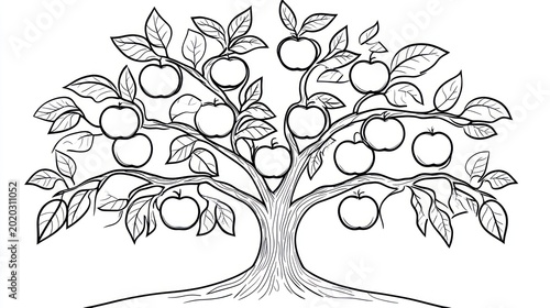 An apple tree with several ripe apples. Drawing for kids, coloring book illustration