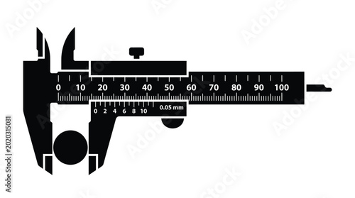 Vernier caliper measuring a small round object represented as a clean black and white vector icon