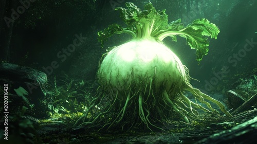 Glowing turnip in dark forest, fantasy setting, game asset