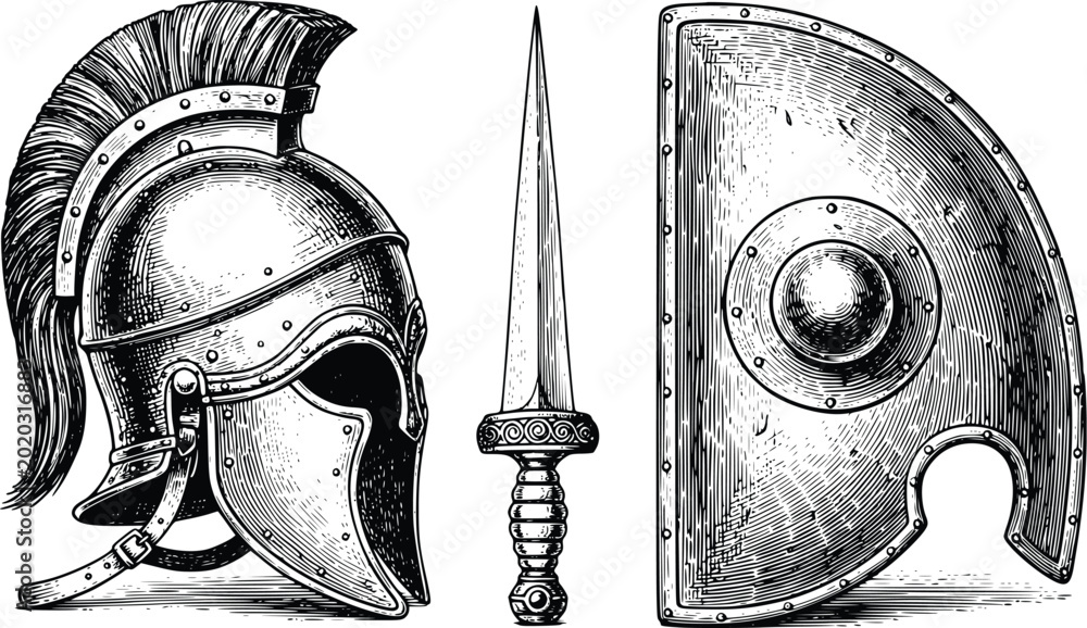 Αυτοκόλλητο Ancient Roman Helmet, Sword, and Shield Vintage Engraving Style