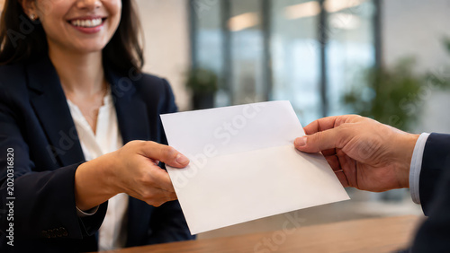 Business bonus envelope payment salary office professional agreement hand exchange between employee and manager with positive emotion modern