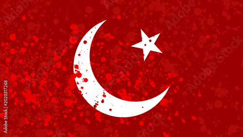 Distressed Red Background with White Crescent Moon and Star Grunge Splatter Illustration