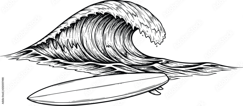 Εκτύπωση καμβά Vintage black and white of a surfboard riding a large ocean wave