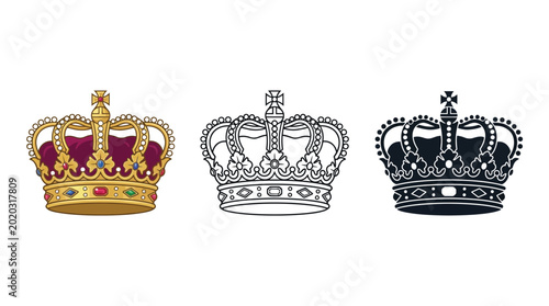 Tableau sur toile Crown icons set featuring royal gold colorful and black outline illustrations fo