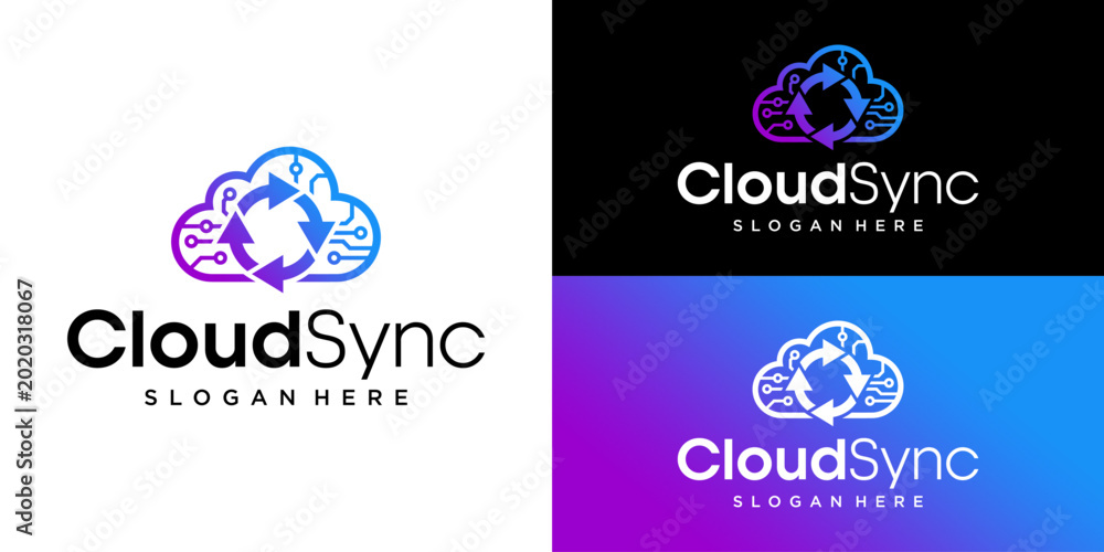 Φωτογραφία A sleek logo design featuring a stylized cloud with sync elements in a gradient color scheme on various backgrounds
