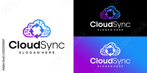 Obraz na plátně A sleek logo design featuring a stylized cloud with sync elements in a gradient color scheme on various backgrounds