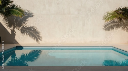 Clean swimming pool with clear blue water and palm tree shadows on beige wall. Outdoor poolside area with minimal architecture  calm sunny day  bright light.