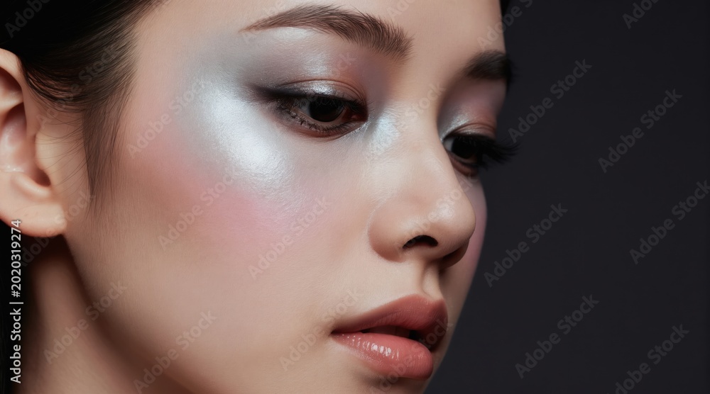 Fototapeta premium Young asian woman with sparkling eye makeup and glossy lips. Face beauty portrait with highlighted skin, soft blush and defined brows. Fashion style, perfect skin.