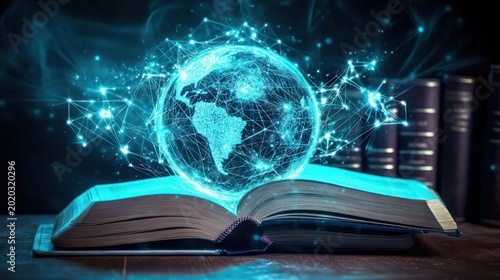 Global knowledge  illuminated Earth above open book, books in background