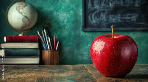 Red apple on teacher's desk, books, globe, chalkboard background; education concept