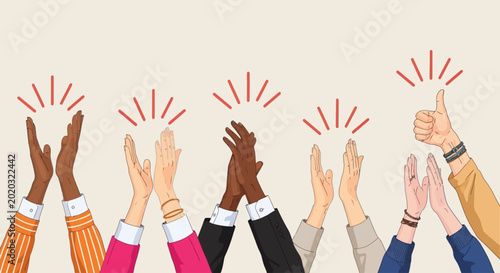 Diverse group of hands raising in enthusiastic applause and a celebratory thumbs-up, symbolizing teamwork, success, and positive recognition