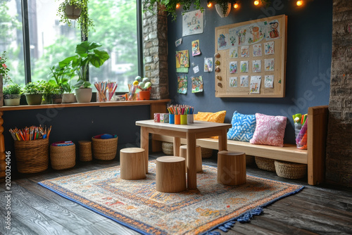 Table with stacked books, chairs, and a rug in a cozy room.
