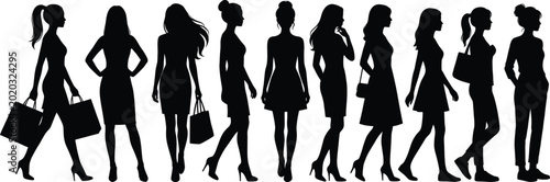 Konstfotografi Black silhouette figures walking in a line on white background black silhouettes