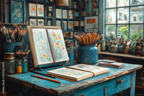 Book, pencils, painting brush on desk