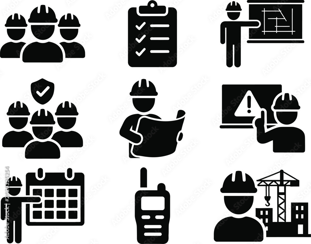 Ταπετσαρία Set of nine black and white construction safety and communication icons Vector