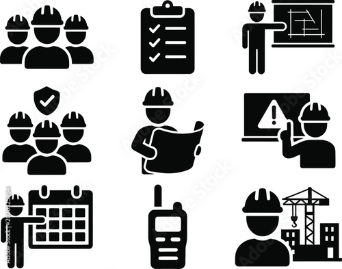 Tableau sur toile Set of nine black and white construction safety and communication icons Vector