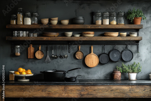 Pots and pans hanging on wooden shelves in a kitchen.
