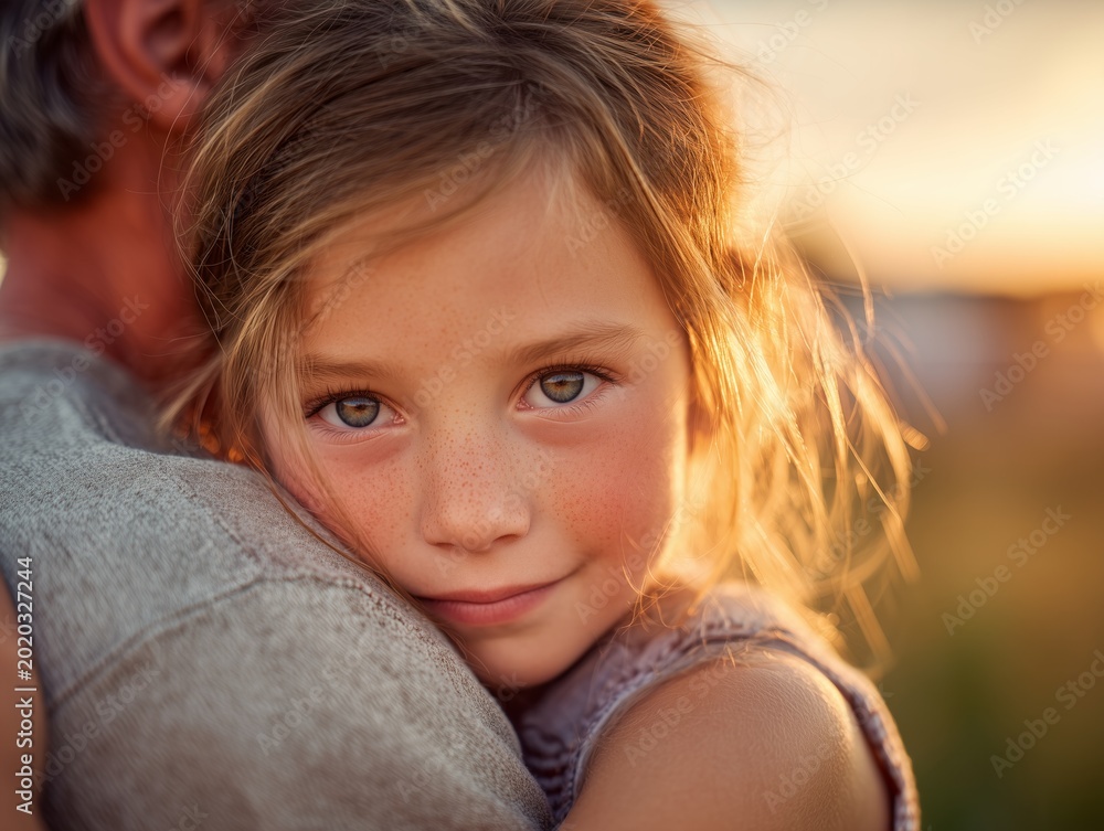 Fototapeta premium Child embracing parent over shoulder, showing bonding and security at golden hour