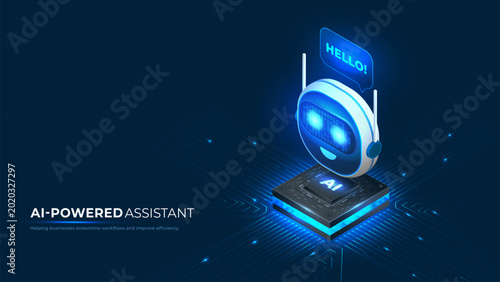 Artificial intelligence chatbot assistant greeting, isometric smart robot head managing data from a microchip. Vector illustration