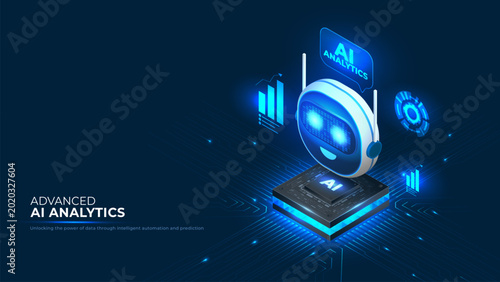 Ai analytics robot processing data, visualizing information, and developing intelligent automation solutions. Vector illustration