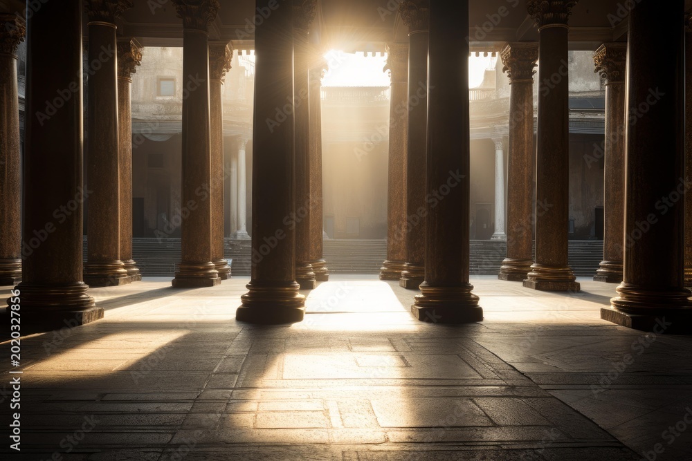 Fototapeta premium Rows of classical columns standing in an ancient building, with sunlight creating strong shadows