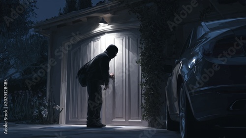 Intruder wearing a balaclava mask breaking into a residential garage at night