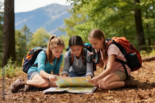 Three diverse girls with backpacks look at map in forest. Kids on nature hike, planning route, exploring woods, having outdoor adventure. One girl holds binoculars, ready for discovery.