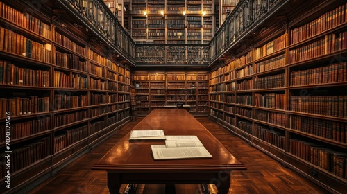 Books on Library Table Reading Room Interior, Wooden Walls, Bookshelves