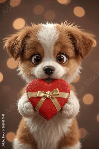 3D Toy Dog Holding Red Heart Isolated on White Background
