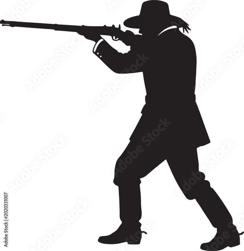 Photos Silhouette of a frontiersman or soldier in historical attire aiming a long rifle