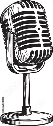 Vintage retro microphone with a classic stand, rendered in a detailed black and white style, evoking a sense of nostalgia for old-school broadcasting and musical also transparent background