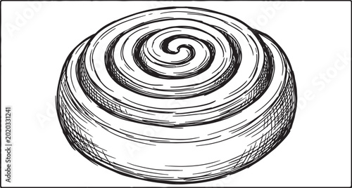 Hand-drawn black and white of a cinnamon roll, showcasing its spiral shape and textured appearance, food-related and concepts also transparent background