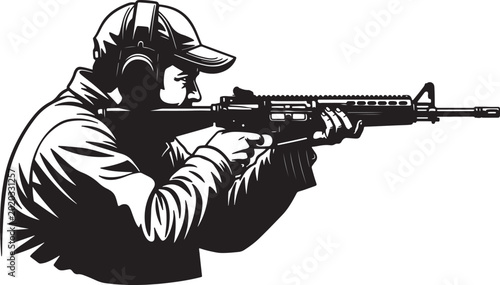 Canvas Print Detailed silhouette of a person aiming an assault rifle, wearing protective gear