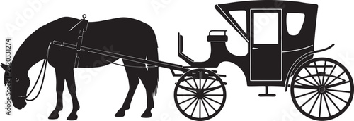 Konstfotografi Silhouette of a horse pulling a vintage carriage with intricate wheel details, e