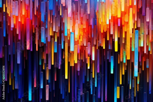 Abstract colorful vertical bars creating a dynamic, falling light pattern against a dark background