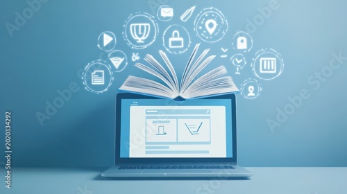 Open laptop with digital learning icons
