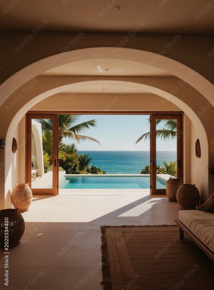 Naklejka premium Luxurious villa interior with plunge pool overlooking ocean. Archway entrance frames blue sea view and palm trees. Modern minimalist design offers tropical vacation escape and serene relaxation.