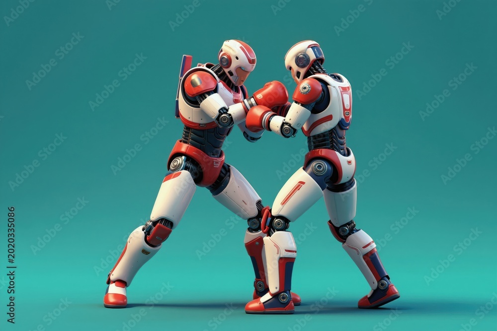 Obraz premium Two humanoid robots engage in a boxing match. They wear white and red armor with red boxing gloves. Their pose suggests an intense competition or fight. The background is a solid teal color.