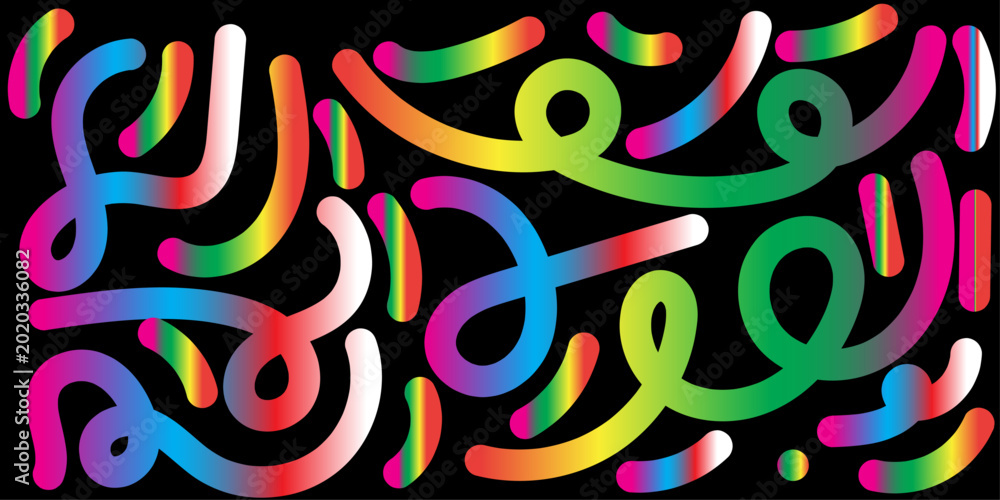 Fototapeta premium Abstract vector illustration featuring colorful, flowing, curved lines against a black background. The lines have a gradient fill, creating a vibrant and dynamic visual.