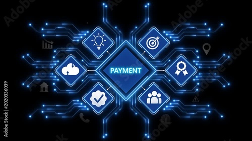 Digital Payment Processing Animation with Financial Transaction Network and Futuristic Fintech Technology Interface